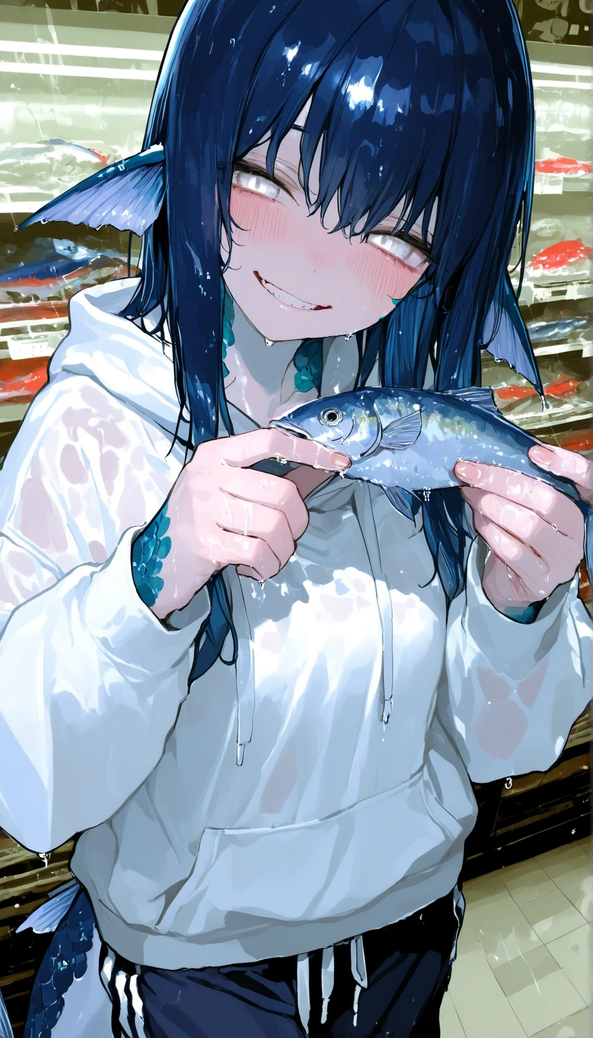 1woman, white graphic hoodie, sweatpants, fish fins, fish girl, holding fish in each hand, grinning, cute, blush, scales, dark blue hair, white eyes, wet skin, store background, beautiful woman
