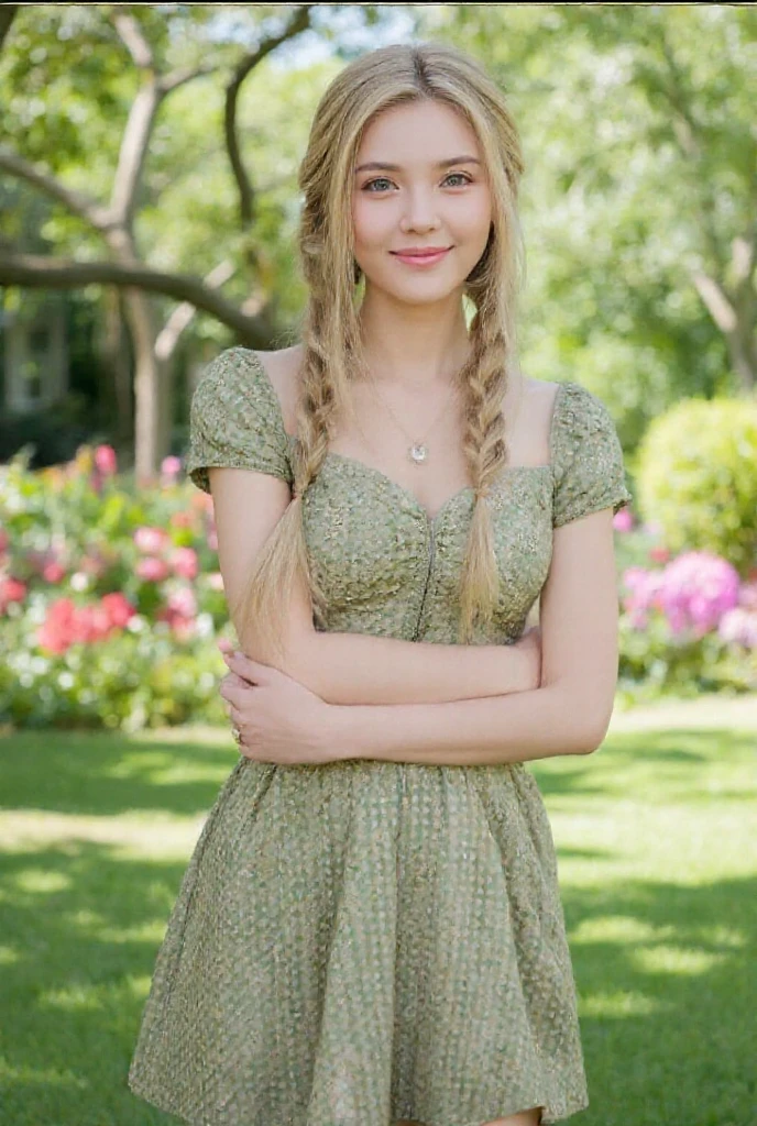 light blonde small face long hair girl wearing green sexy dress in a garden