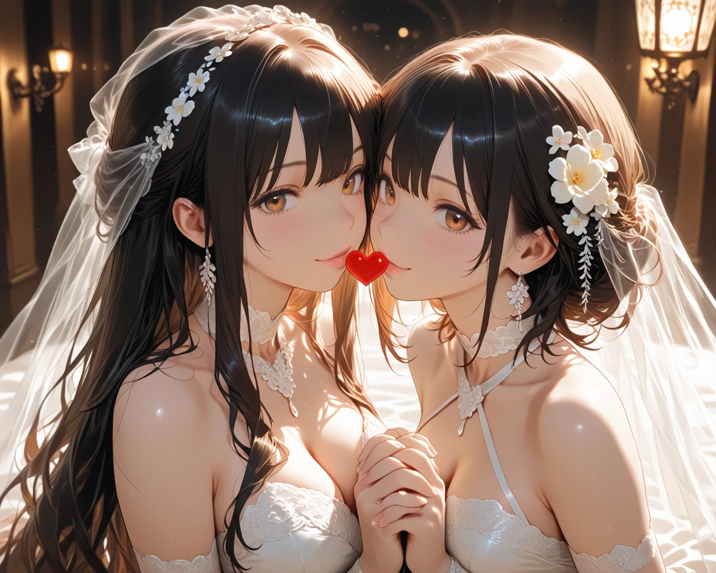 Two Japanese brides,Cuddle together,Lie down in bed,Intimate contact,Stroke the chest,kisses,Mouth to mouth,Kiss,tongue kissing,face with beads of sweat,The chest is pressed together,in wedding dresses,White veil,Clothing sheer,huge tit,cropped shoulders,pink areolae,Intimate embraces,Mouth to mouth,Stick out her tongue,Lick the,Lots of sweat on the face,Get wet,Eyes are confused