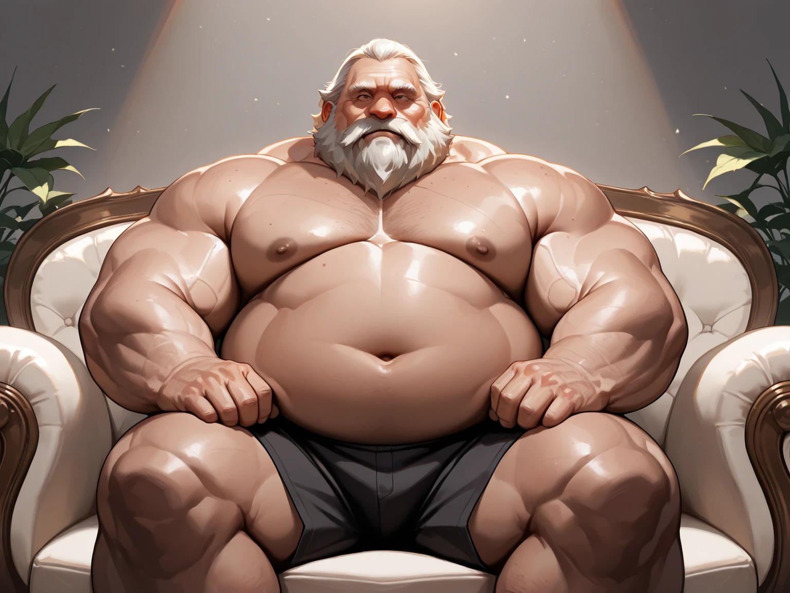 god on his ruling throne, low swim trunks with bulge in the middle, chubby, hairy, bearded, anchor beard, high resolution, ultra-detailed, sharp focus, intricate details, detailed eyes, symmetrical eyes, expressive eyes, clear pupils, vibrant eyes, focused gaze, legs wide open ,left hand is holding the belly, king's expression is intimidating with a sense of authority