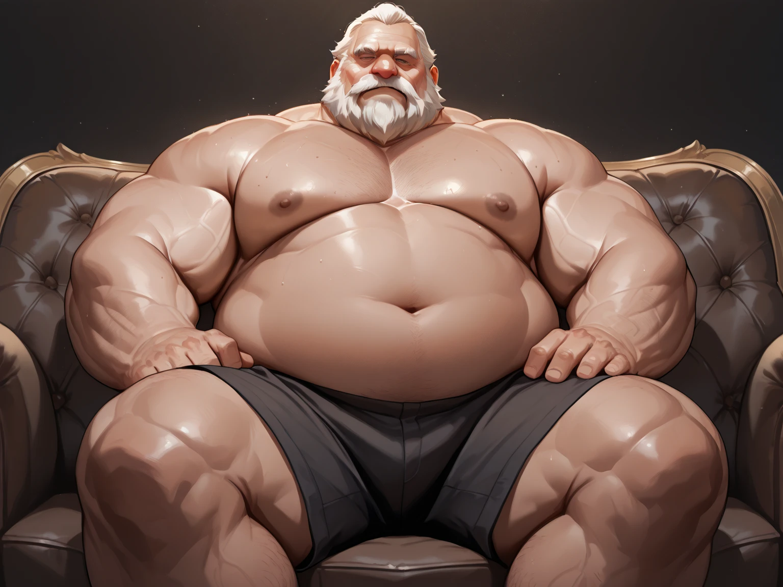 fat daddy, hot daddy, a smiling obese old man, chubby, big fat, sitting in sofa, detailed realistic portrait, 8k high resolution, topless, sumo physique, side view, perfect center, full view, realistic skin texture, wrinkled face, short hair, thick mustache, white hair, bearded, jovial expression, huge belly, fat, wearing shorts, high detail, masterpiece, (best quality,4k,8k,highres,masterpiece:1.2),ultra-detailed