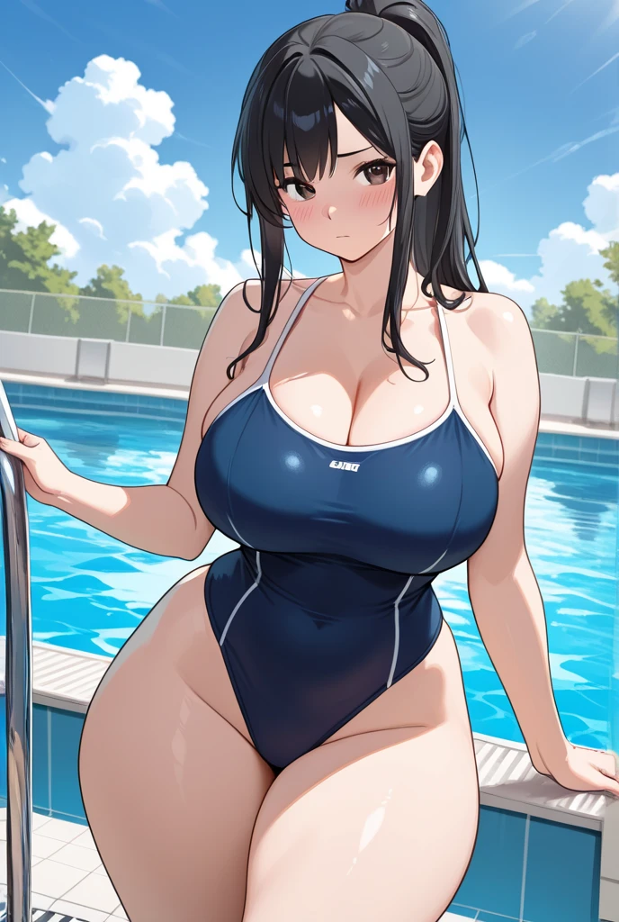 anime girl in a bikini posing by a swimming pool, wet swimsuit, is wearing a swimsuit, swimsuit, realistic bikini, oppai, next to a pool, seductive anime girl, bathing suit, oppai proportions, [ 4 k digital art ]!!, extremely detailed artgerm, thicc, in bikini, poolside, by Kentaro Miura, | fine detail anime