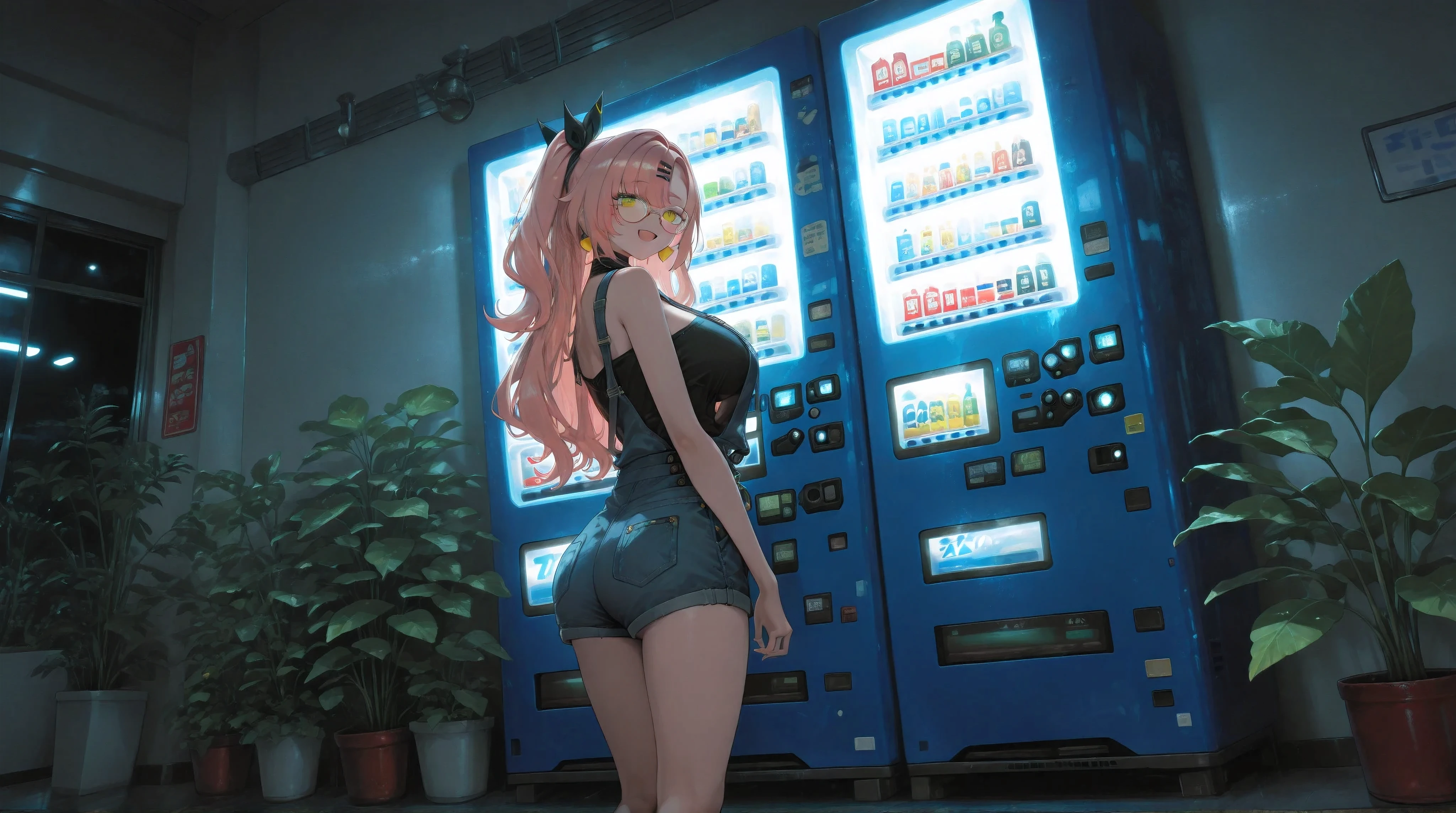 A naked woman in her 30's, naked, shiny black boots, leather jacket, large breasts and nipples. She is standing next to a vending machine and masturbating intensely, on a busy street at night. lots of cum dripping from her vagina and down her legs.