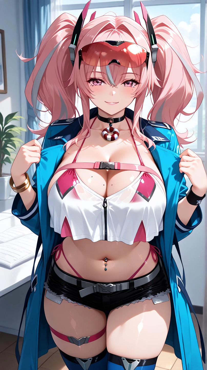 Wolf Woman, Big Breasts, Voluminous light red hair, One girl, masterpiece , Red eyes、Double teeth、tooth、Blushed cheeks、 hd, Head to Chest, buried in my chest、Underbust、Cleavage、Frilled bikini、Open your mouth wide、Grin、White Iris、Nekomimi Hoodie
