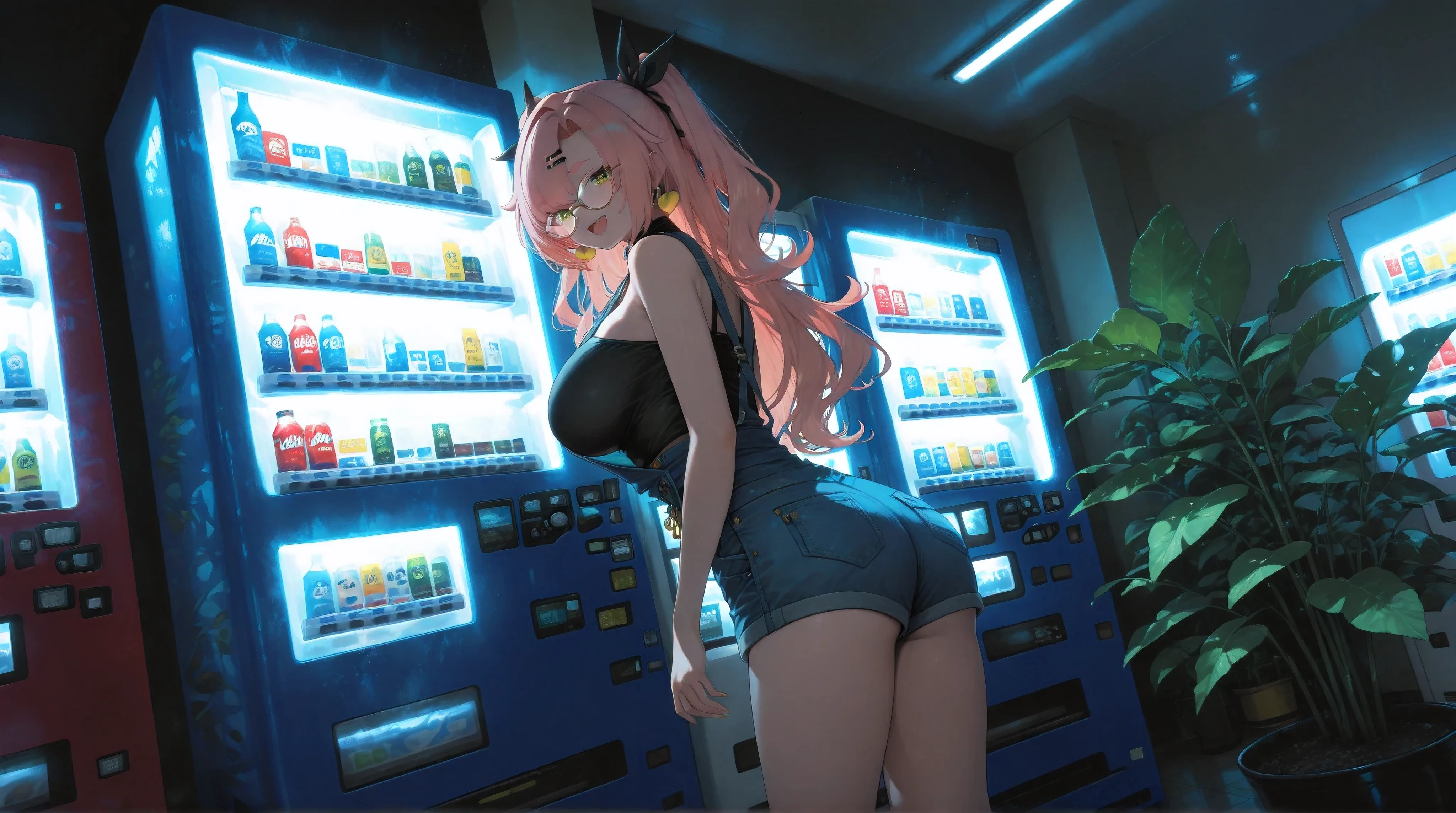 A Realistic image, extremely sharp focus, crisp details, high resolution, 4K, 8K. (correct anatomy and detailed hand). A wide angle shot, low angle, side view, a detailed, high quality rendering of Nicole Demara from Zenless Zone Zero. She wears beautiful, detailed round eyeglasses, she wears shortalls. She has a beautiful big breasts. She has a beautiful face details, a beautiful detailed eyes and a real human skin, her expression is happy and she looks at the viewer. She's standing in front of a vending machine at a convenience store, the room is decorated with so many plants, the room was dimly lit, dramatic cool soft light shines from the vending machine casting soft natural shadows, the only light comes from the vending machine, cold color pallete. the background has highest detail, detailed background and depth of field.