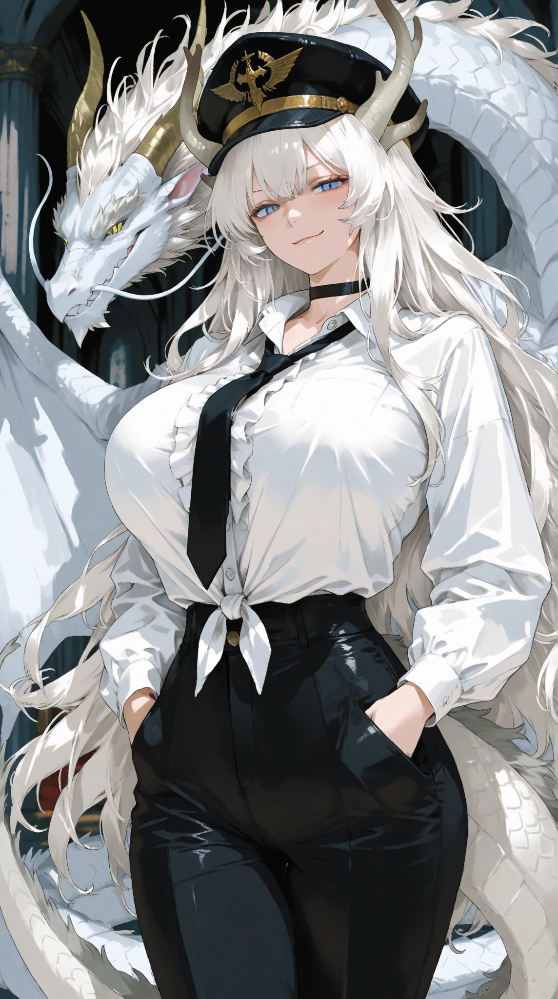 Masterpiece, high quality full length portrait of 1 woman (maduro)) YOUNG), holding a dagger knife, exhausting ((long sleeve white shirt.)), (shiny black leggings) rouge, thief, beautiful thin face, detailed face, long hair, (silver gray hair), BIG BREASTS, pale and light skin, detailed eyes, ((blue eyes)), smug happy expression, set in a dark forest environment background