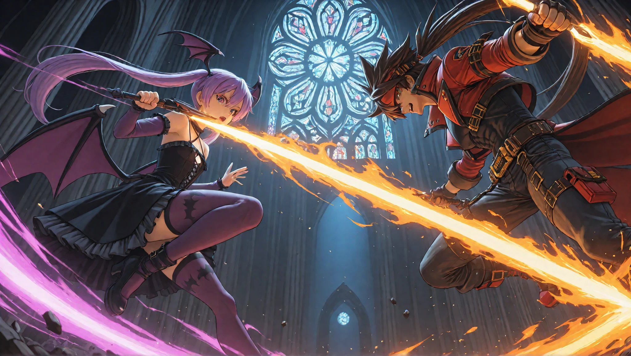 Epic anime-style battle inside a gothic cathedral with shattered stained glass windows. Sol Badguy is on the left, wielding his fire sword in a dramatic pose, flames and energy bursting from his blade. His red coat and headband are flowing, with exaggerated action lines. On the right, Lilith Aensland leaps into the air with a magical kick, trailing pink and purple energy. Her playful expression contrasts with the dark and moody setting. The environment features gothic arches, moonlight backlighting, flying debris, and glowing effects. Both characters are turned sideways toward the viewer, facing each other. Full color, bold shading, dramatic highlights, intense anime action.