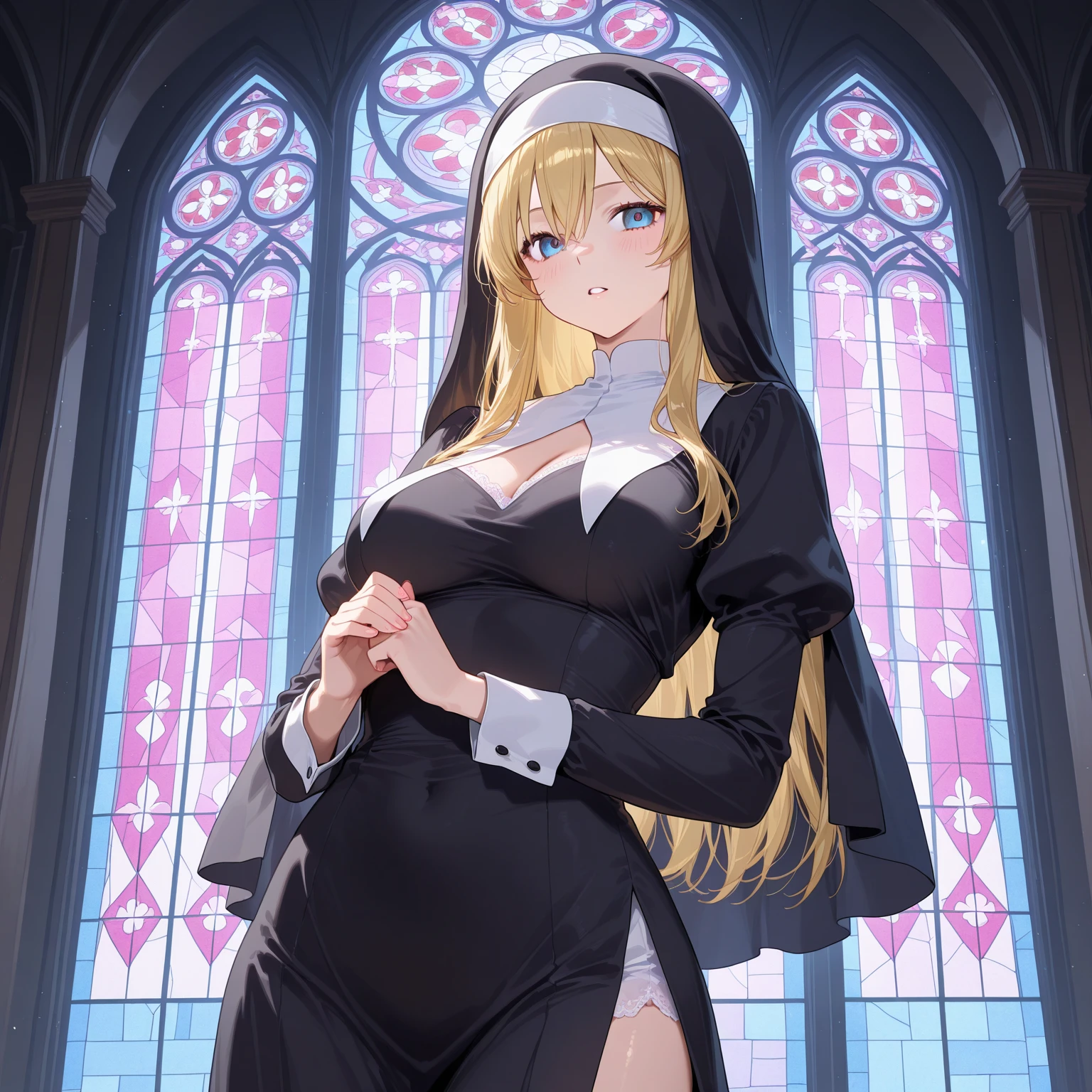 (One teenage nun girl) Purple robe of a nun's cassock with a golden cross around her neck. Cyan eyes. blonde woman, Curvy chubby body. Sweet calm face. Sly grin. Lowered gaze. Against the backdrop of a gloomy church hall in the dark.