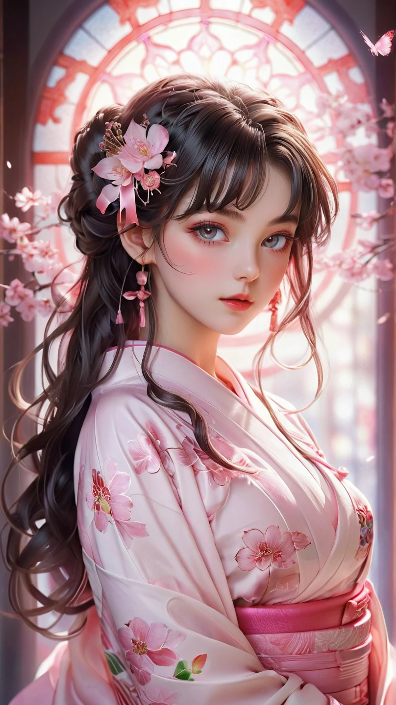 ((best qualtiy)), ((tmasterpiece)), (Detail:1.4), 3D, Beautiful cyberpunk female images,hdr(HighDynamicRange),Ray traching,NVIDIA RTX,Hyper-Resolution,illusory 5,sub surface scattering,PBR textures,post-proces,Anisotropy Filtering,depth of fields,maximum definition and sharpness,Many-Layer Textures,Albedo e mapas Speculares,Surface Coloring,Mitsu-Accurate simulation of material interactions,perfectly proportioned,rendering by octane,Two-colored light,largeaperture,Low ISO,White balance,Rule three points、8K raw data、beautiful bright pupils,off-the-shoulder clothes,Fine pupils,Delicate face and eyes,long eyelasher,Blushlush,Delicate and fluffy hair,pink lip,Pure,cute big breasts,Sweet girl,Artistic sense,Casual wear,Advancedsense,butterflys,Cherry blossom petal,Beautiful hair accessories,Long hair and waist,Hair fluttering in the wind,The light from the back window is backlighted