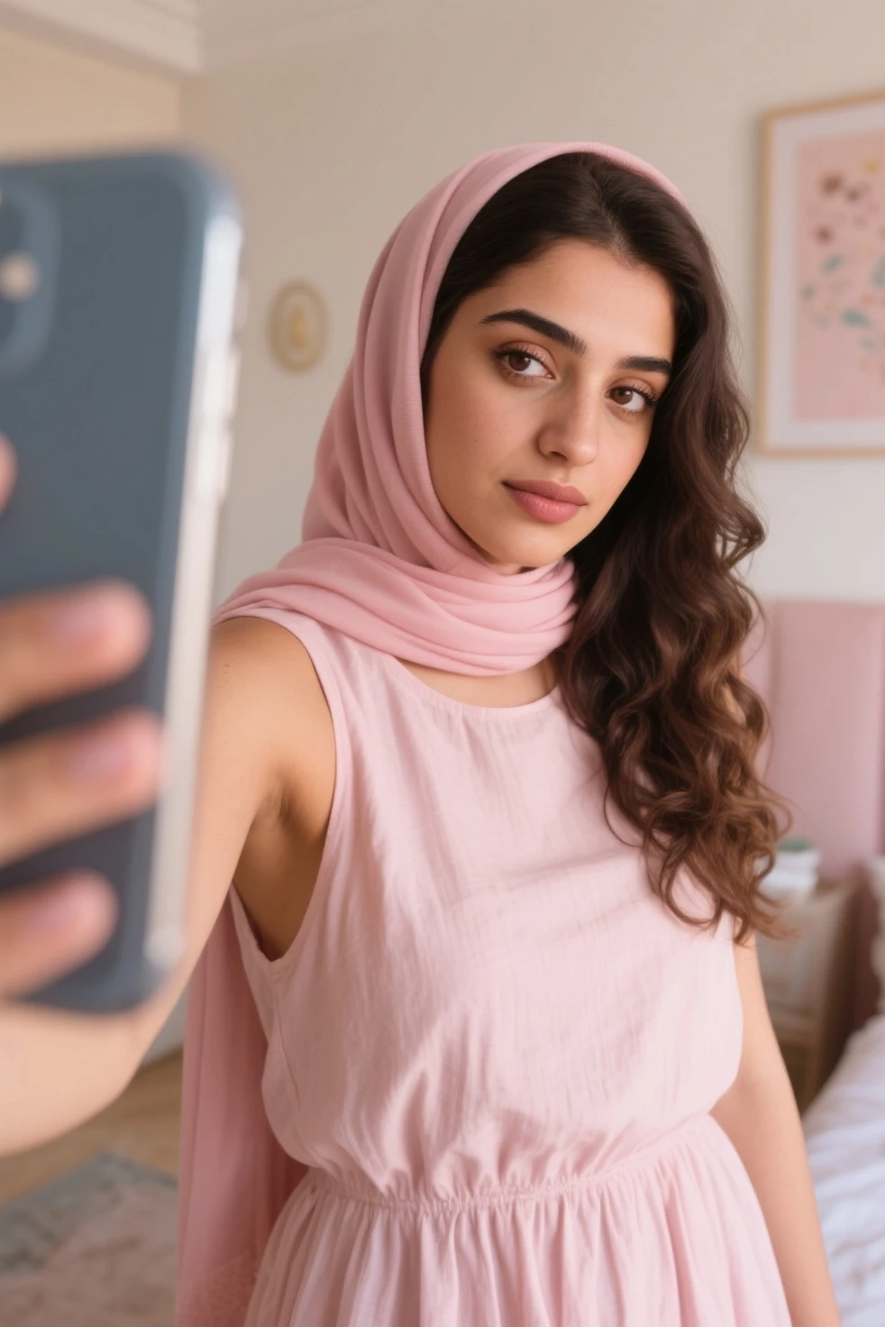 an Indonesian girl wearing hijab taking a selfie in a bedroom, UHD, detailed, wide angle, photorealistic