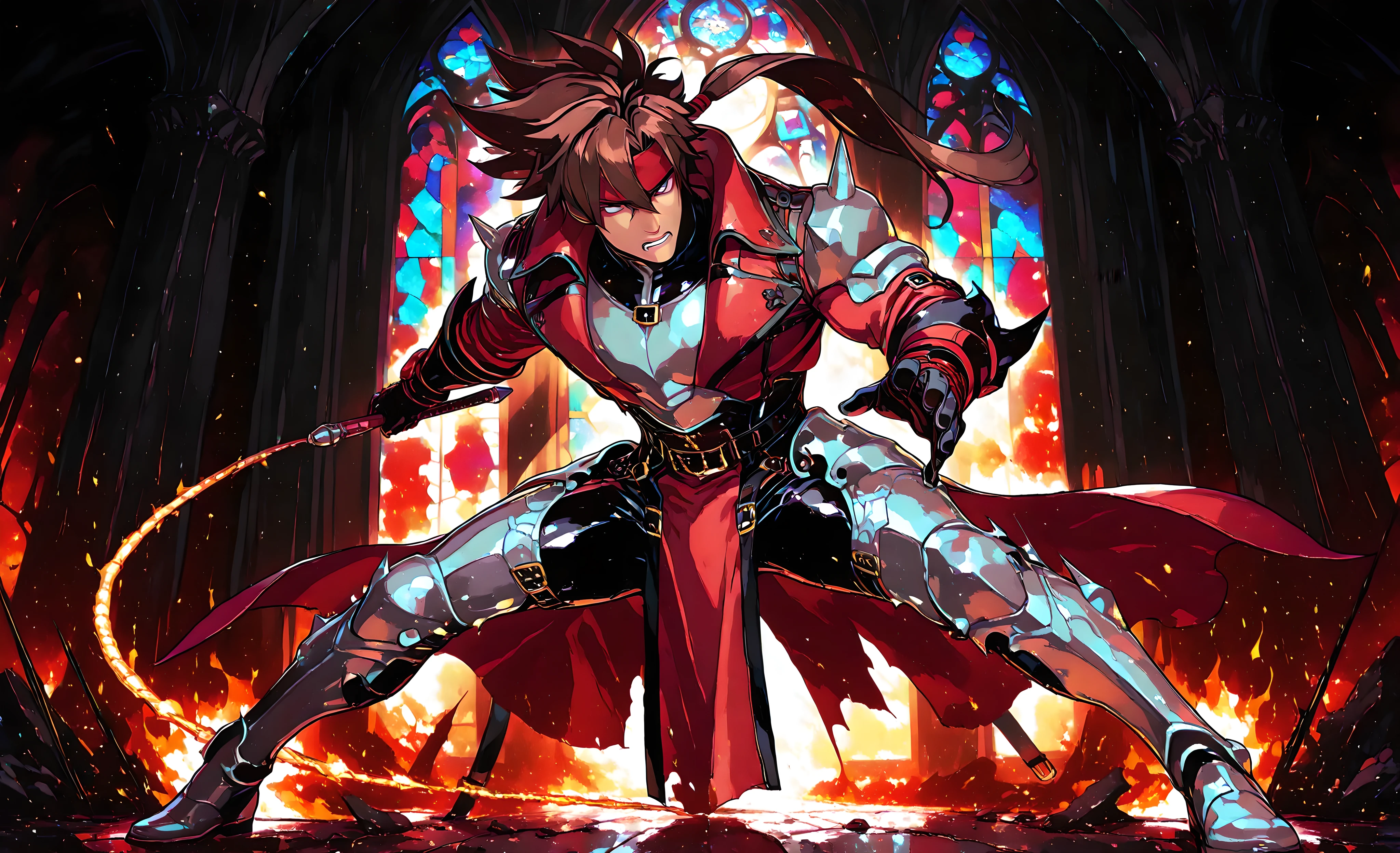 A dramatic battle inside an ancient, ruined gothic cathedral. Nebur Belmont, a rugged vampire hunter with a leather coat, silver armor pieces, and a glowing enchanted whip, stands firmly on the right. His hair is long and dark, eyes focused, radiating determination. On the left, Sol Badguy charges with his blazing sword ignited, fire swirling around him, red jacket flowing. The stained glass windows are shattered behind them, with rays of light cutting through the dust and debris. Magical symbols glow on the floor, as fire and holy light collide in mid-air. The camera captures them from the side in dynamic fighting stances. Ultra-realistic details, sharp textures, fantasy lighting, 4K cinematic art.
