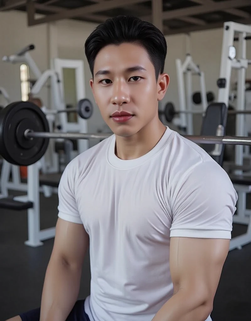 masterpiece, best quality, high resolution, realistic, handsome, photogenic, syahnk, SFW, a photo of a 35 year old gym frat (man:1.2) portrait, standing in a gym , doing military press, weights, stunning , short buzzcut hair,stubble head , (hypermuscle),looking at the viewer, flirting with the camera, charming, (tight white gym shirt ),(GS-Masculine:1), 8K UHD
