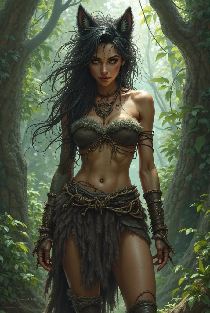 epic fantasy art, super fine illustration, High resolution, Super detailed, masterpiece, 1 beautiful young girl, sexy barbarian, 20 years old, alone, (((elegant beautiful face:1.5))), medium messy hair, black hair, ((beautiful detailed brown eyes:1.5)), ((voluptuous body)), big tits, big ass, the night view of dark forest background, ?????? loincloth, fur bra, necklace, circlet,