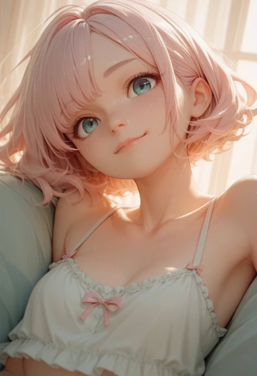 a girl, white skin, young, long pink hair, messy hair, thin arms, small mouth, small nose, small breasts, round face, pink skirt, transparent lace crop top, heart-shaped necklace, blue eyes, blush , embarrassed smile, navel, realistic view, very shy, sharp eyes, sitting in a room on the bed, good lighting, European origin, lots of details on the face and clothes