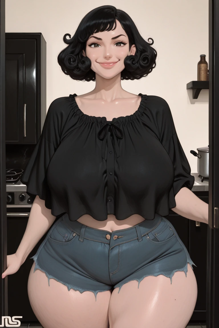 masterpiece, best quality, (realistic), 1girl, solo, mature female, milf, motherly, forehead, older, 30yo, huge breasts, narrow waist, wide hips, curvy, wide hips, straight hair, long hair, high ponytail, dark hair, dark eyes, black t-shirt, cleavage, short sleeves, jeans, denim, standing, hands on hips, looking at viewer, smile, kitchen