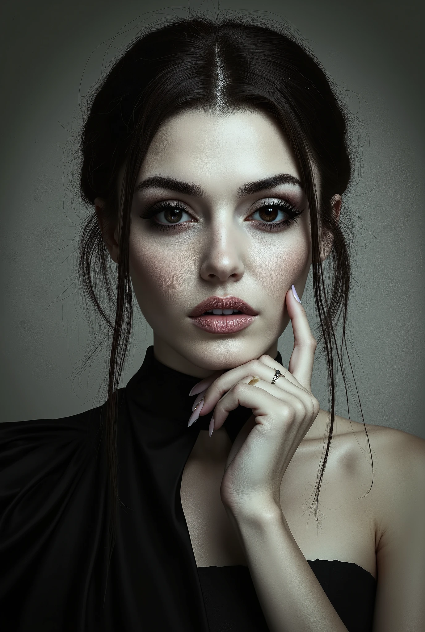 Hande erçel face straight, lokking Hande erçel's face, she looks with a piercing gaze, a face devoid of emotions, beautiful and sexy but also mysterious and threatening