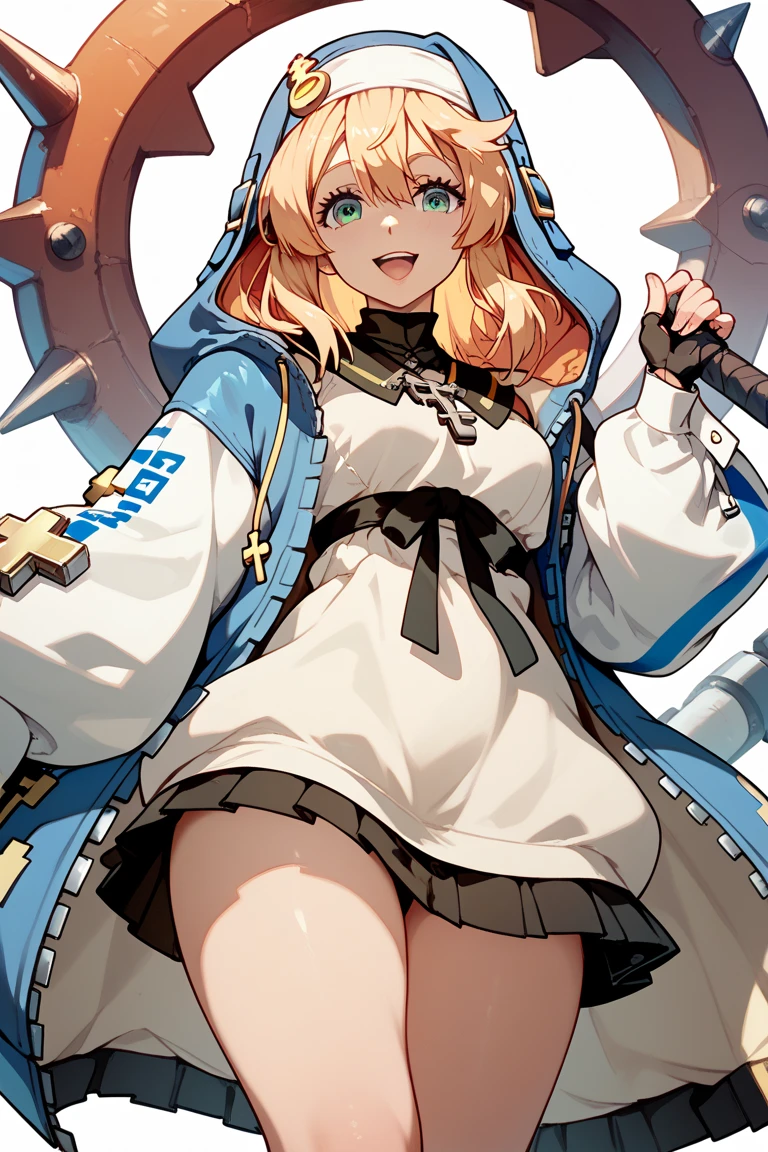 (Delicate and beautiful CG art, 8K, HighDynamicRange, better quality, very detailed, high resolution) (Masterpiece, best quality: 1.2, photorealistic, intricate details, realistic skin, realistic body) 1 boy, Guilty Gear Bridget, blonde hair, blue eyes, blush, male nun appearance, Wearing clothing worn exclusively by Bridget, including a blue nun's veil that reaches his waist, bicycle short shorts, and gloves on his hands. Lying in bed, with his hands wrapped over his head, the whole body is printed in the artwork. His long legs are emphasized, portraying a athletic