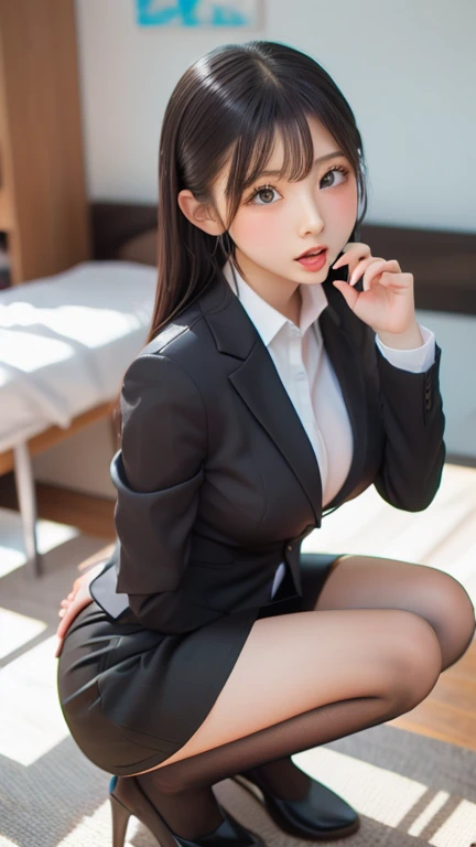 ((high quality)), ((Tabletop)), (Detailed face), (highlight), Asian Girl、Big breasts、thigh、Black Hair、Heavy bangs、high school girl、skirt、blazer、