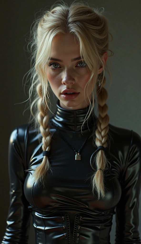 woman, smile, high neck dress, warm light, shadows, Photograph of a 25 year old woman, (ambivalent facial expression), face looking at camera, full face, portrait, faces are visible more, and the eyes look straight, broun textured leather cloth, goosebumps, ash blonde mermaid with braid, Perfect eyes, realistic skin texture, too much sweat, (ektachrome), Velvia 100 color, shot with Leica T, hips, sharp focus on the subject, shot by Peter Lindbergh, bright, fair, realistic look, tika on forehead, nose jewelry, big lips, red lipstick, pink slip, big breast, leather bra, leather short,