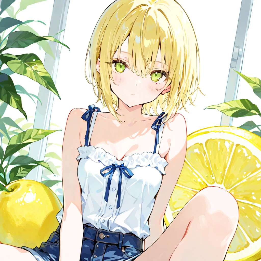 The location is lying on the bed.、Remove citrus fruits and plants like lime.。Hands are connected to arms so that they are in contact with the face.、The breasts are large and shiny.