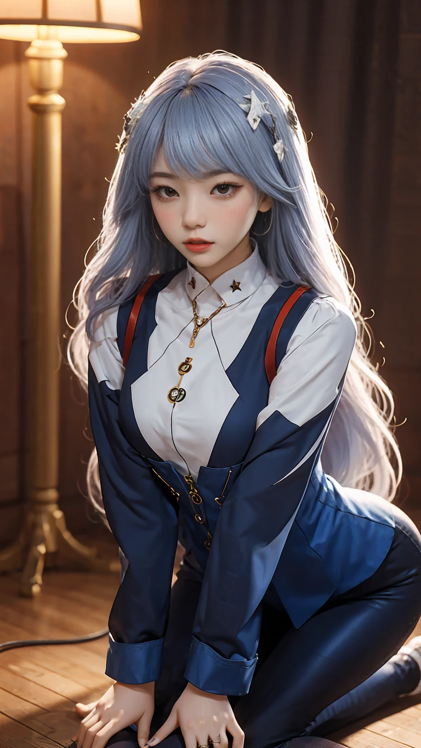 photorealistic, high resolution, soft lights, 1women, solo, hips up, blue eyes, white hair, long hair, shirt, skirt, thigh highs