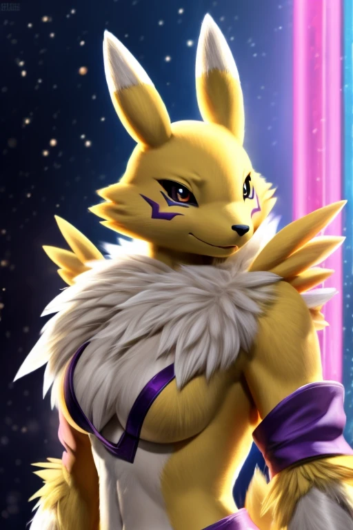 real e621, photorealistic, masterpiece, renamon_(digimon), looking at viewer, sharp blue eyes, full body portrait, purple sleeves,