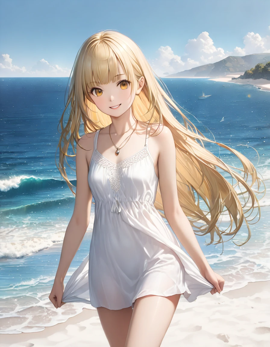 ( Absurd , High quality , ultra detailed, careful with hand )Zodiac - Gemini goddess , similar to latin goodness , Solo . Curious, skillful, humorous, seductive, imaginative face , Sometimes impractical, restless, nervous, careless style , mature , light brown eyes , long hair , light blonde hair , transparent dress , lace lingerie , in the ocean with wind , whole body , flirty look ,