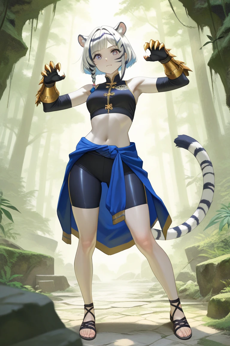 furry girl, young, panther, white hair, emo shag hairstyle, long spiky ponytail, anime style, small breasts, yellow eyes, ((tribal bra, tribal loincloth, tribal bracelets, tribal shoulder pad, tribal adorns)), forest, clear sky, high quality, detailed body, detailed eyes, detailed face, masterpiece, glistening body, shiny body, detailed body fur, best quality, two tone body, black body fur, clear black body fur, skinny, :3, full body, feets whit three toes, standing, detailed lighting, gorgeous body, (holding a magic staff, magic particles), (one eye covered with hair bangs),
