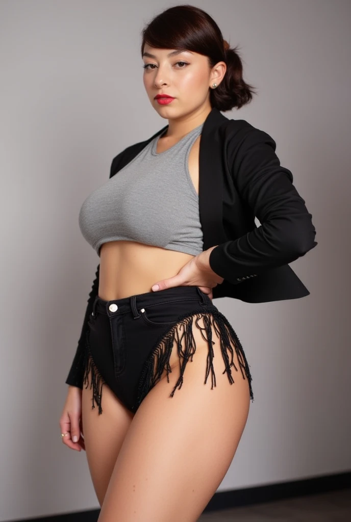 Araffe woman with a low-cut black top showing her tits and a black skirt posing for a photo., Traje negro, Arte digital. @Mariomaniacdude, Hecho con Photoshop, pose casual, Traje femenino, ((sobresaturado)), Top de cuero, Recorte de medio cuerpo, outfit design, Cuerpo completo femenino, inspired by Gina Pellón, Llevar un sexy top recortado, con el fondo en la playa, hermosa mujer, bien definida, renderizar 4 k, pechos al aire, milk boobs, big boobs,