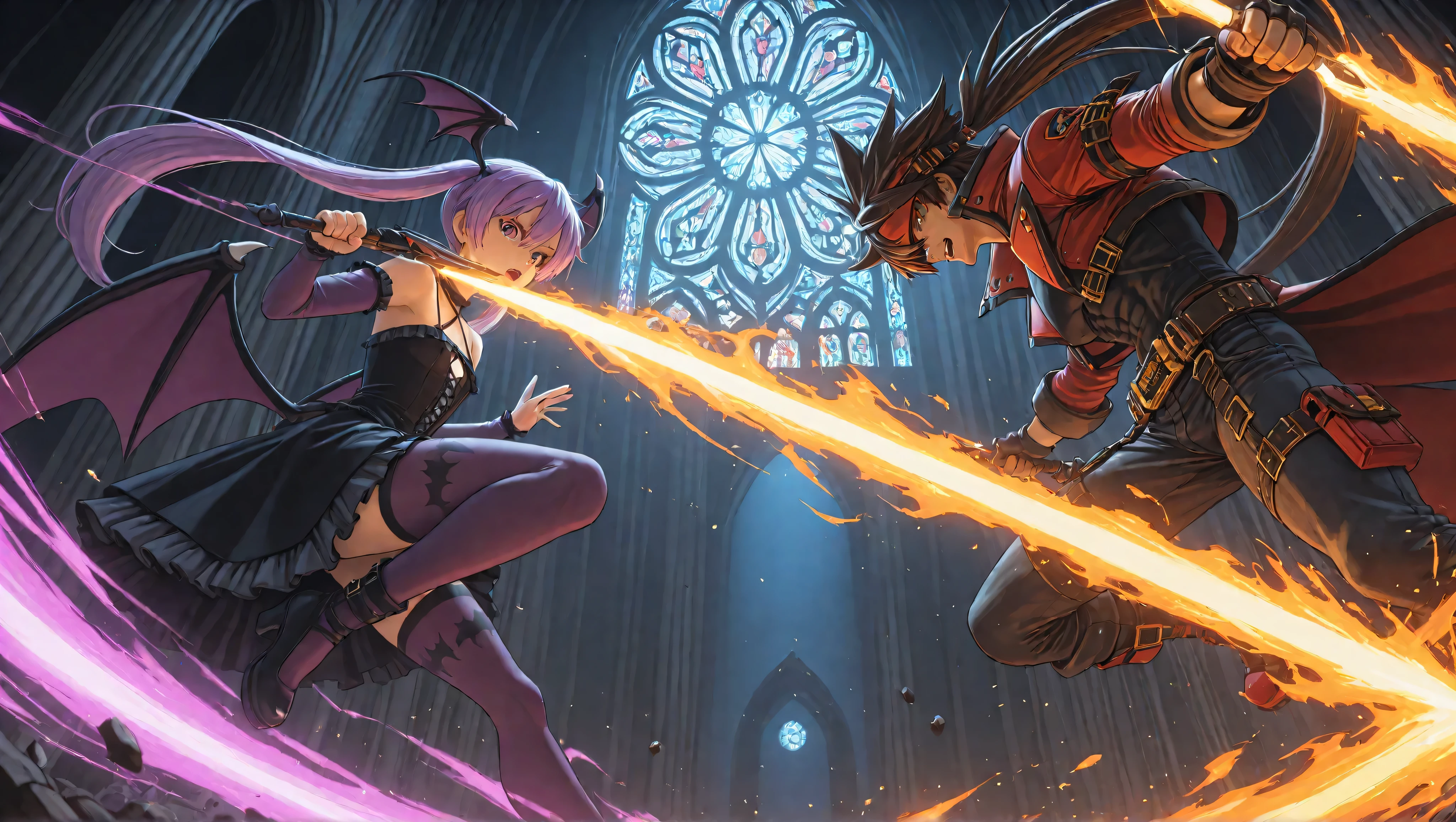Epic anime-style battle inside a gothic cathedral with shattered stained glass windows. Sol Badguy is on the left, wielding his fire sword in a dramatic pose, flames and energy bursting from his blade. His red coat and headband are flowing, with exaggerated action lines. On the right, Lilith Aensland leaps into the air with a magical kick, trailing pink and purple energy. Her playful expression contrasts with the dark and moody setting. The environment features gothic arches, moonlight backlighting, flying debris, and glowing effects. Both characters are turned sideways toward the viewer, facing each other. Full color, bold shading, dramatic highlights, intense anime action.