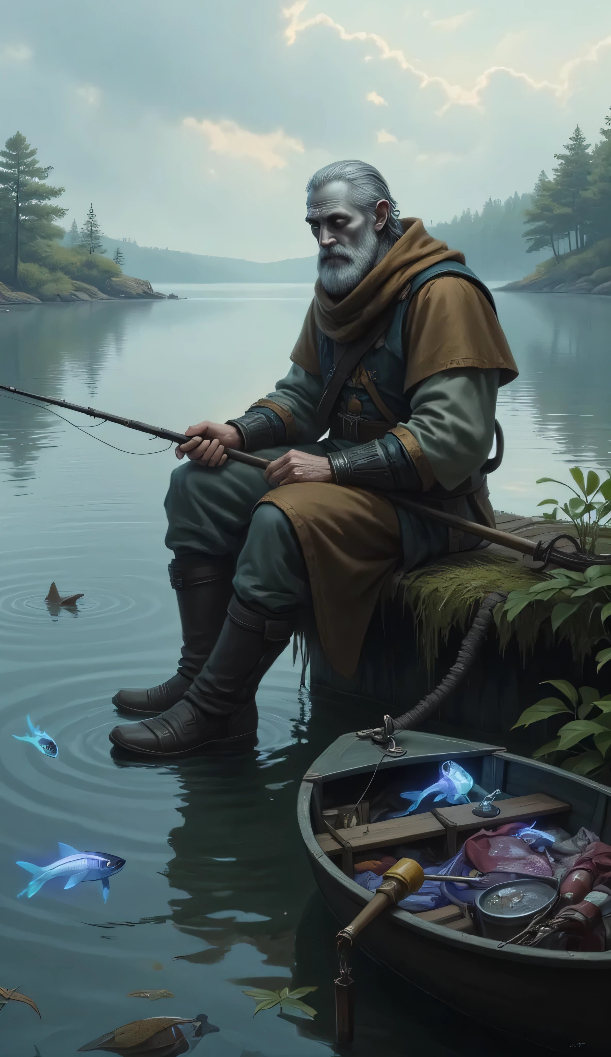 Сhangeling, 1male, solo, pale grey skin, fisherman, sitting, at the edge of a misty lake, at dawn, holding a handmade fishing rod, grizzled old man, weathered face, gray beard, patched clothes, part rugged cloak, part sleek fabric from another world, magical fish with glowing fins, swim beneath the surface, small boat floats nearby, filled with fishing tools and trinkets, tranquil mysterious and a little surreal atmosphere, magical realism, fantasy landscape, soft lighting, painterly and atmospheric, cowboy shot, full body view