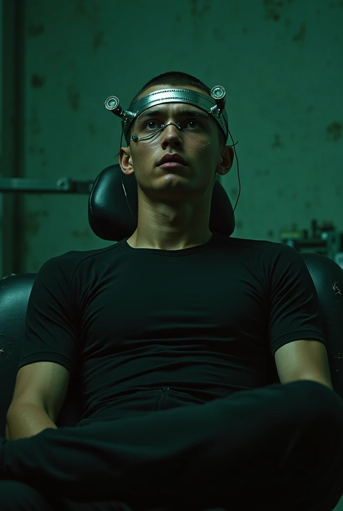 Wide shot bed in the middle of warehouse inside a glass box, , big ware house type lab … with lots of doors , (((Lanky tall Middle Aged manic scientist , flip glasses, greying hair, translucent pale flaking skin, prominent pulsating frontal lobe of brain))), very skinny frame defined physique, (((sitting on edge of bed))), ((wearing men’s white singlet and underwear , in low lit , dirty messy bedroom)) , with a state of the art (((holographic computer hovering beside him, ))) , photography by David lynch