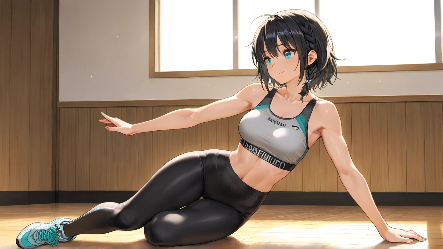 NSFW, sexy, pele firme, obra de arte, estilo anime, 1 garota, olhando para o espectador, Cabelo curto fofo, Messy hair, olhos castanhos, cabelo preto com pontas vermelhas, cabelo curto, sorriso, lugar:Bright and clean gym training area:halteres ou halteres、Tapete de treino、garrafa de agua、roupas de toalha:desgaste de fitness(Sports bra and leggings or shorts)bsports shoes hairstyle:Pose com rabo de cavalo ou estilo meio para cima:Postura de agachamento com uma barra nos ombro, Looking at the camera with a confident expression