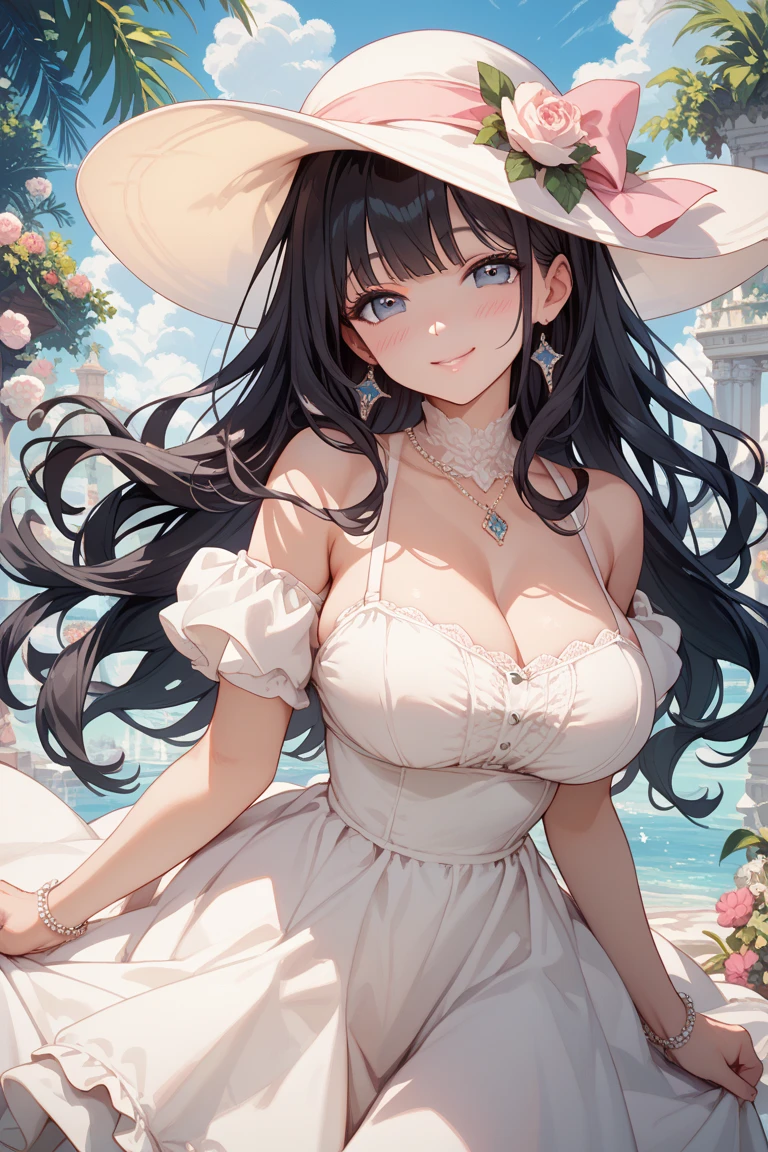 NSFW,a female cartoon character with big breasts looks at viewers in her floral dress, 1girl, solo, flower, underwear, breasts, blue eyes, outdoors, hair ornament, black hair, bra, hat, jewelry, looking at viewer, earrings, long hair, bangs, hair flower,see-through