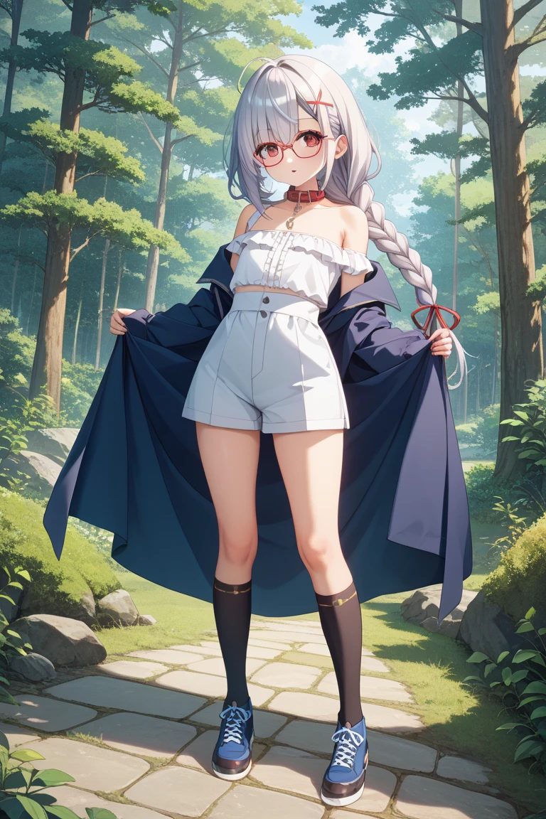 1girl, melusine, blue skin, orange eyes,very long hair, curly ears, smile, blush, nude, looking at viewer, standing, full body, outdoor, bondage lingerie