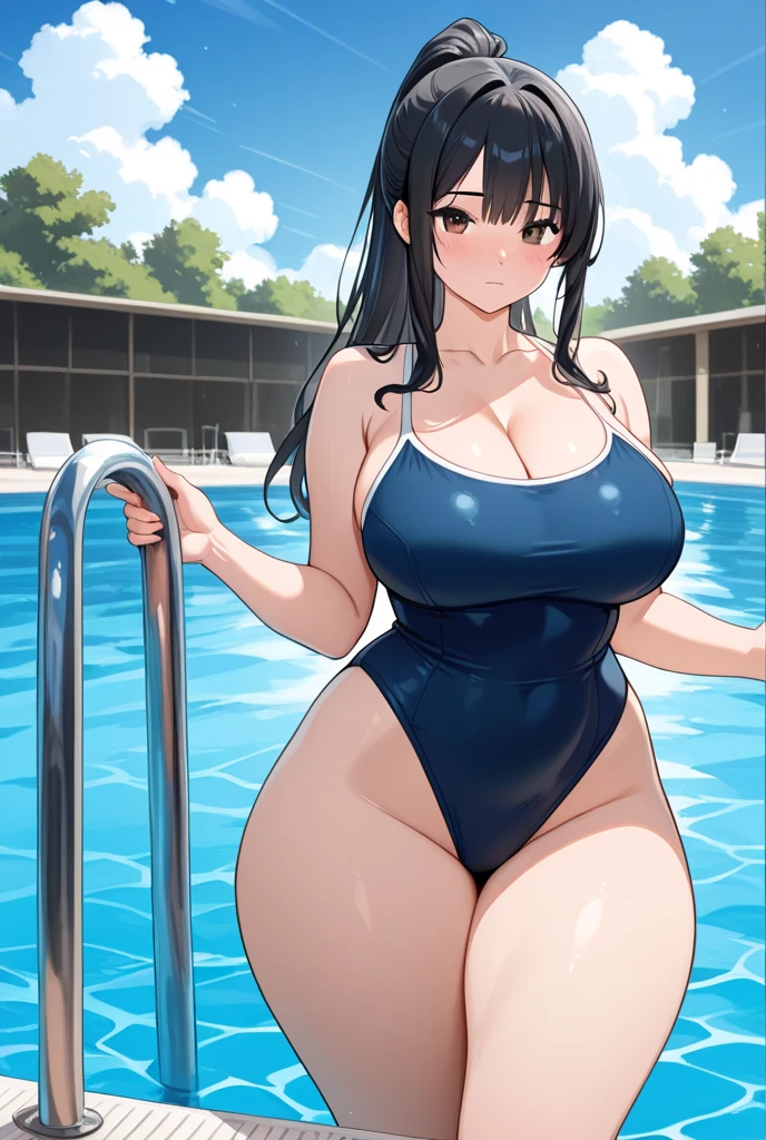 Chubby thic mature pregant japanese wife, brown long hair, Brown eyes, naked, showing ass, carried by man, hotel pool, full of men watching, men with Big hard penis,horny expression