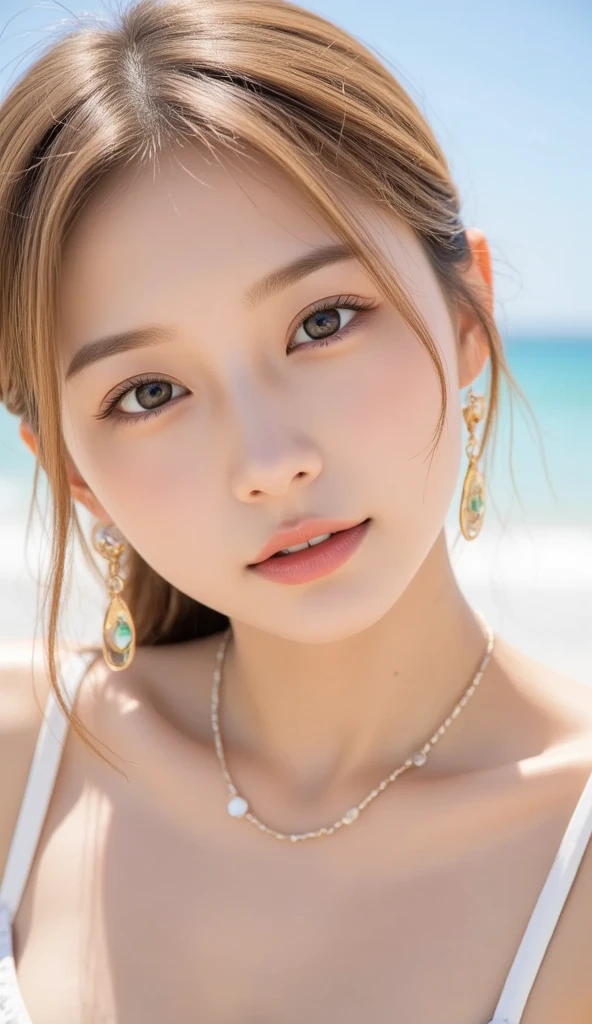 (Photorealistic, 32k, RAW photo, best quality:1.4), (masterpiece:1.3), (ultra high resolution, ultra realistic, highly detailed, golden ratio, ultra detailed), 1 beautiful woman, natural makeup, intricate cloth texture, finely detailed hair texture, beautiful full-body, perfect female form, anatomically accurate, highly detailed face and skin, (elegant hands), (realistic skin), (beautiful pale skin:1.1), (upper body, extreme close-up:1.8), (Oversized Breasts, generous cleavage1.3), (Wearing Tropical-pattern-micro bikini:1.4), (Earrings, Pendant), 
BREAK,
realistic eyes, captivating detailed eyes, symmetric eyes, light brown eyes, double eyelids, thin eyebrows, (glossy lips:1.4), (face waiting for kiss, blush:1.3), 
BREAK,
((short bob cut, dark brown hair, bangs:1.2)), (Moonlit night, Sandy Beach:1.3)