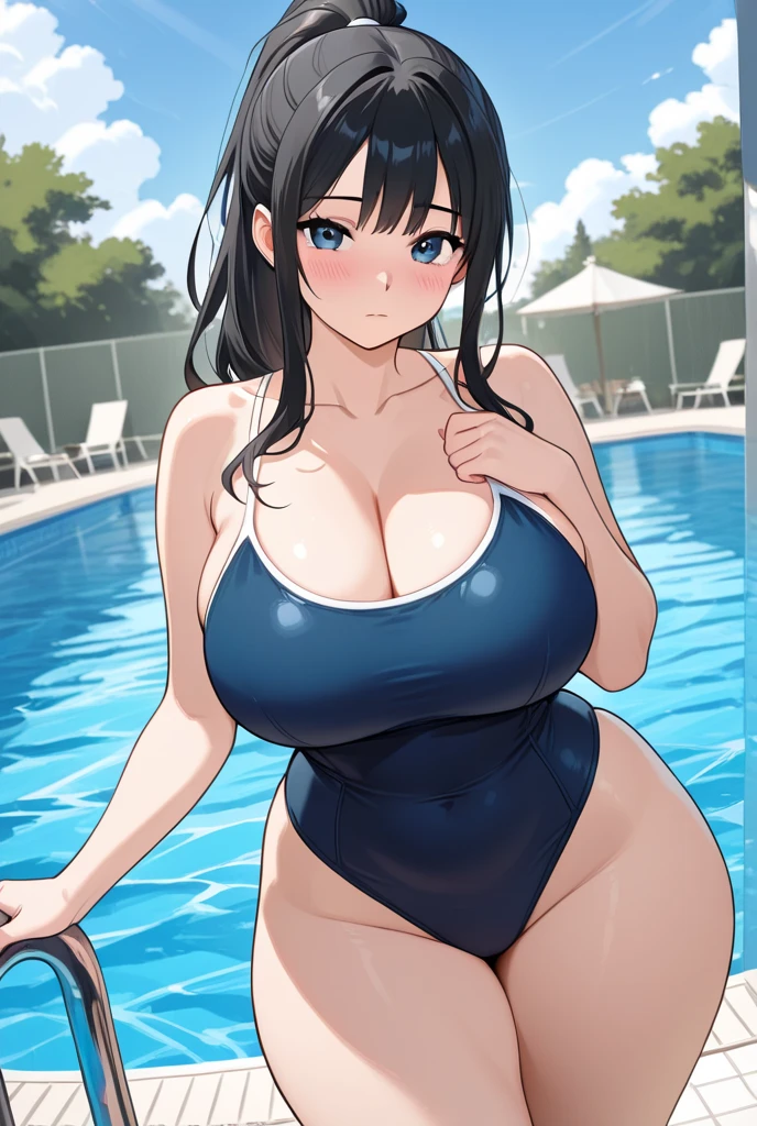 ((kancolle, ushio)), (((large breasts))), breast bags, ((nude, nipples, sheer thin pubic hair, )), wet skin, double bust, groin, navel, cleavage, sunlight, from the center front, looking at the viewer, plump body, being stumpy, (short body, short legs, short arms), young girl, from center below, Embarrassed, shy, hiding her big breasts with one arm, I sharped cleavage, too sweat, cleavage drip on sweat, undressing one-piece swimsuit,