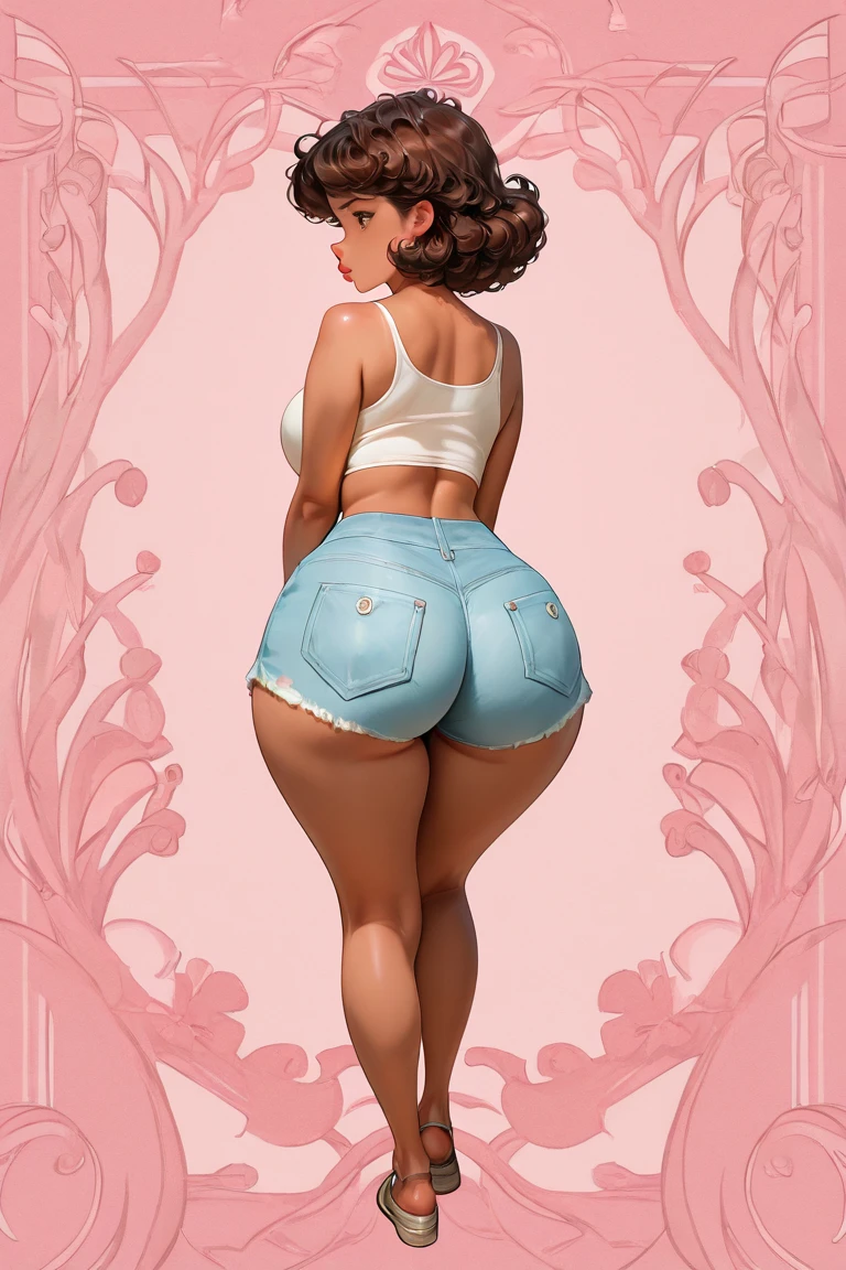 Curvy dark-haired Latina, in white bra, white cotton panties, wearing lipstick, realistic art style, intricate details, back shot