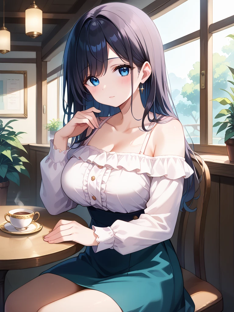 Hime cut with long black hair、Has straight bangs and blue eyes、A girl with very large breasts wears an off-the-shoulder sweater。Drinking coffee at desk。The girl has a relaxed, calm and satisfied look。