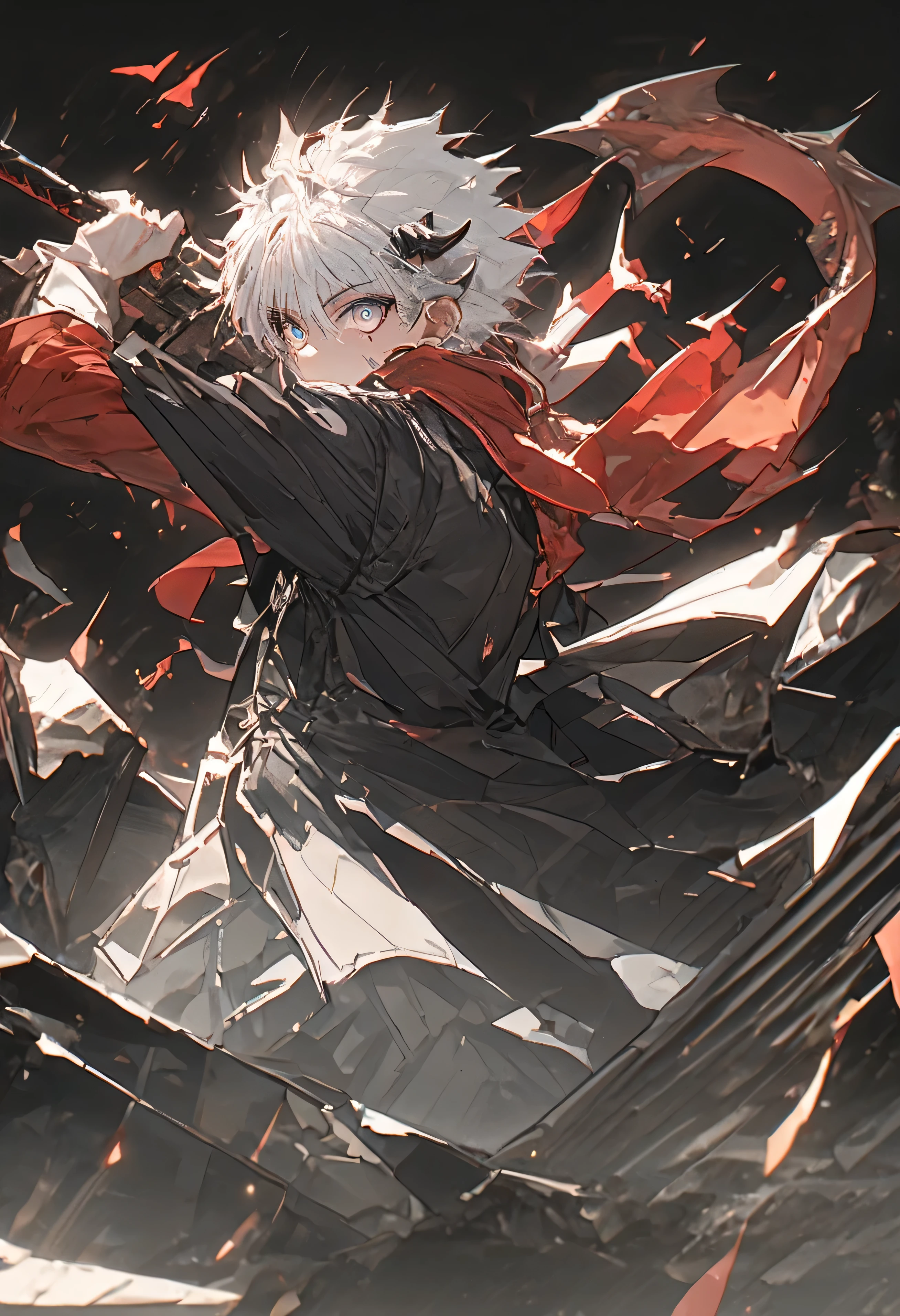 Solo, 1 boy, young boy, 20 years old, androgynous boy, facing the viewer, white hair, long bangs, pink eyes with red glow, perfect anatomy, student, horns similar to Nian from Arknights, horns with the same color as the eyes, fierce face, provocative face, faces like Link to Zelda Tears of The Kingdom;
Long black coat, short-sleeved coat, exposed arms, arms with the same color as the eyes, hands with claws, arms like Nian from Arknights, black underwear, underwear is a military uniform, black military pants, black military boots, winter coat over the military uniform, red scarf with long ends;
Facing the viewer, face to face, dragon tail with the same color as the eyes, on the floor, black background;
Wielding a giant sword;
Flashy pose, shoulders and head exposed, close to the face, looking at the character, looking at the viewer, face to face, provocative smile, confident;