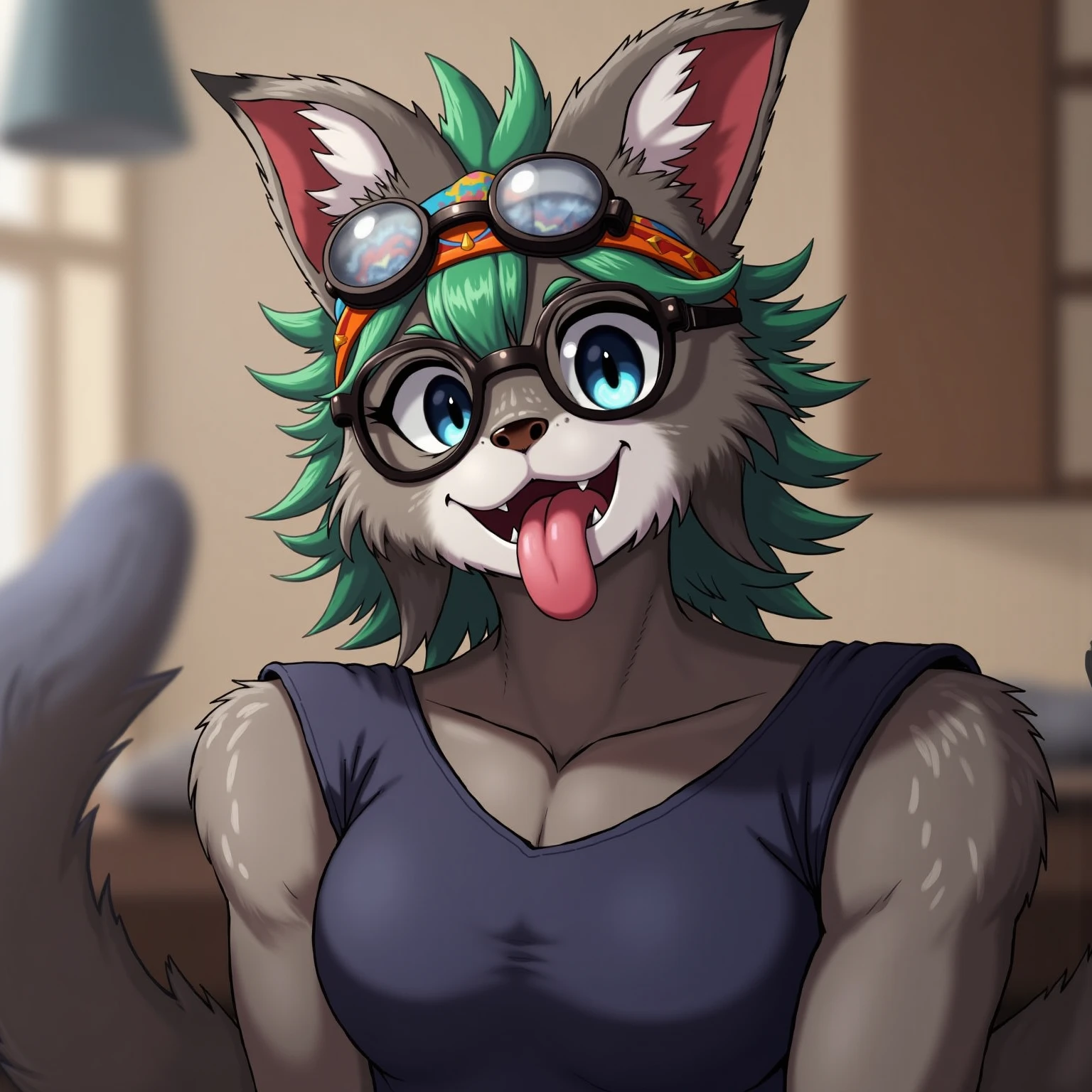 By bebebebebe, by lostgoose, by goonie-san, solo, female, standing, ((yellow fur, green hair, snout)), golden retriever, canine, messy hair, wavy hair, short hair, smirking, hungry expression, evil expression, ((glasses, green eyes)), looking down at viewer, (macro, towering over viewer, looming), open mouth, city, tank top, short shorts, on her knees, (imminent vore, prey pov, grabbing viewer, holding viewer)