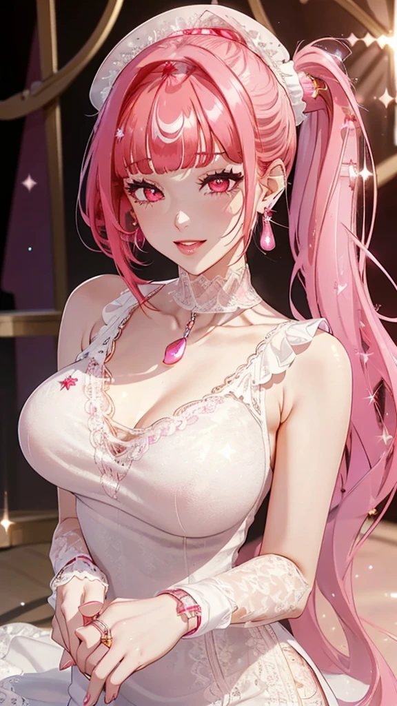 1girl, K-pop idol, Yae Yoshiko, split sleeve, bare shoulders, (sideboob: 1.45), pink hair, long hair, (ruined Japanese clothes), (white clothes), best quality, (photo depth: 1.3), (hair accessories: 1.35), jewelry, purple eyes, earrings, big boobs, bird eyes, cherry blossoms, lantern lights, depth of field, face focus, chest tension, bone _trim, white dress, white dress, (non-traditional perspective:1.5), non-traditional witch, Lightning Witch's bright skin, long sleeves, smile, thick lips, Thighs, East Asian architecture, blurred background, full body, glowing eyes, smiling face, open shirt, bottom up, smiling face, (ulzang-6500-v1. 1:0.8), sticking out tongue, sweat, juice