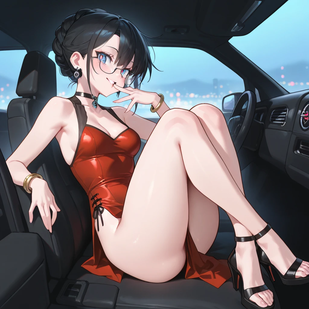 (masterpiece, best quality:1.2), noodle (gorillaz), black hair, short hair, black eyes, multicolored hair, looking at viewer, bangs, heavy bangs, bangs covering eyes , breasts, small breasts, bob cut, sparkle, glint, blush, 1girl,detailed clothes, detailed nipples, two toned striped sweatshirt, boots, thin Japanese girl, cute, pretty, innocent, 18 year old, (flat abs)), One girl, blushing, small tits, (sideboob), (underboob), pink transparent microbikini, wearing a small pink transparent thong of undersize, ((sitting in the back seat of a car)), (((cameltoe: 1.2))), black choker, take a selfie, Looking at the camera, smiling, having fun, happy, up close