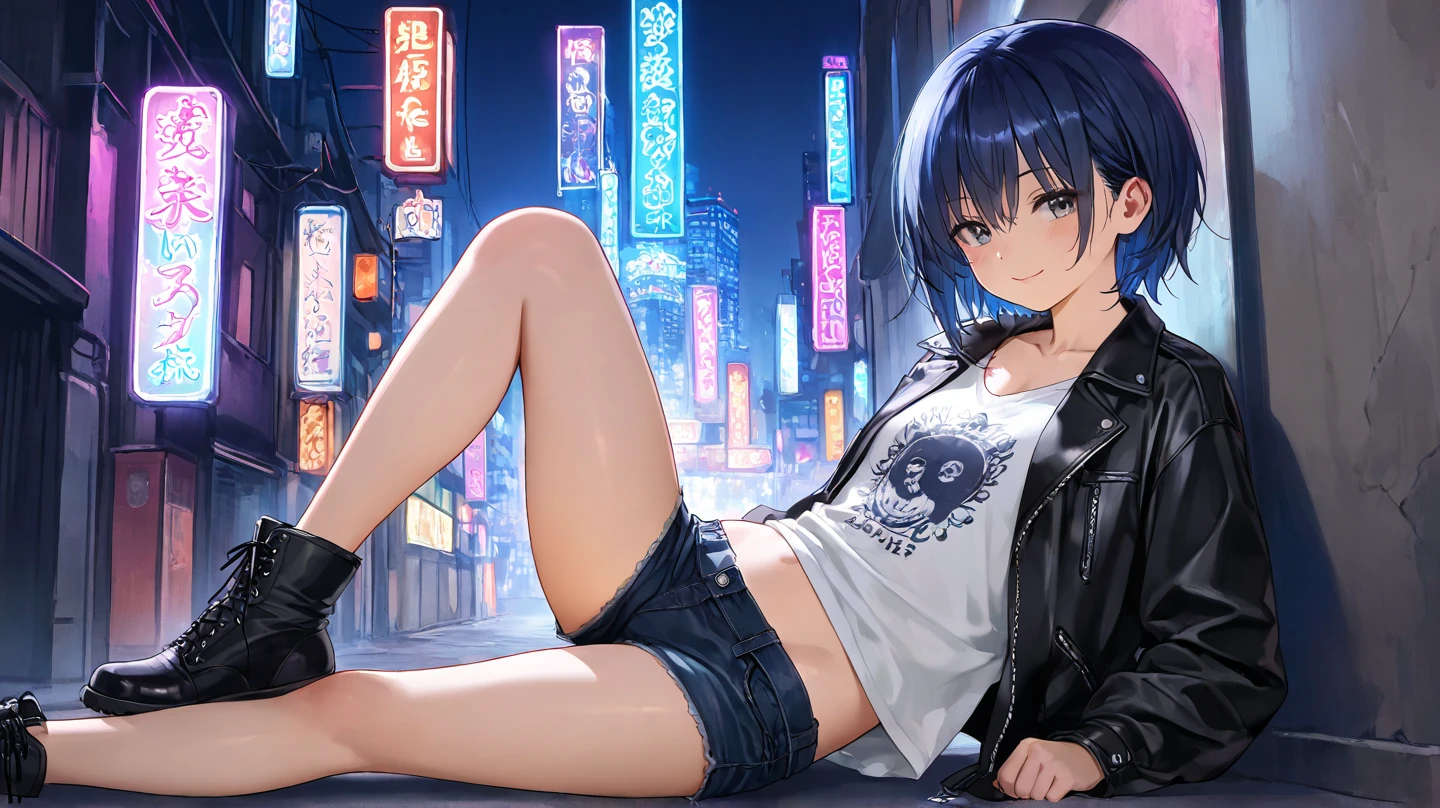 1girl, short dark blue hair, blue eyes, wearing black leather jacket and white tank top, denim pants, city, absurdres, high res, ultrasharp, 8K, masterpiece, looking at viewer