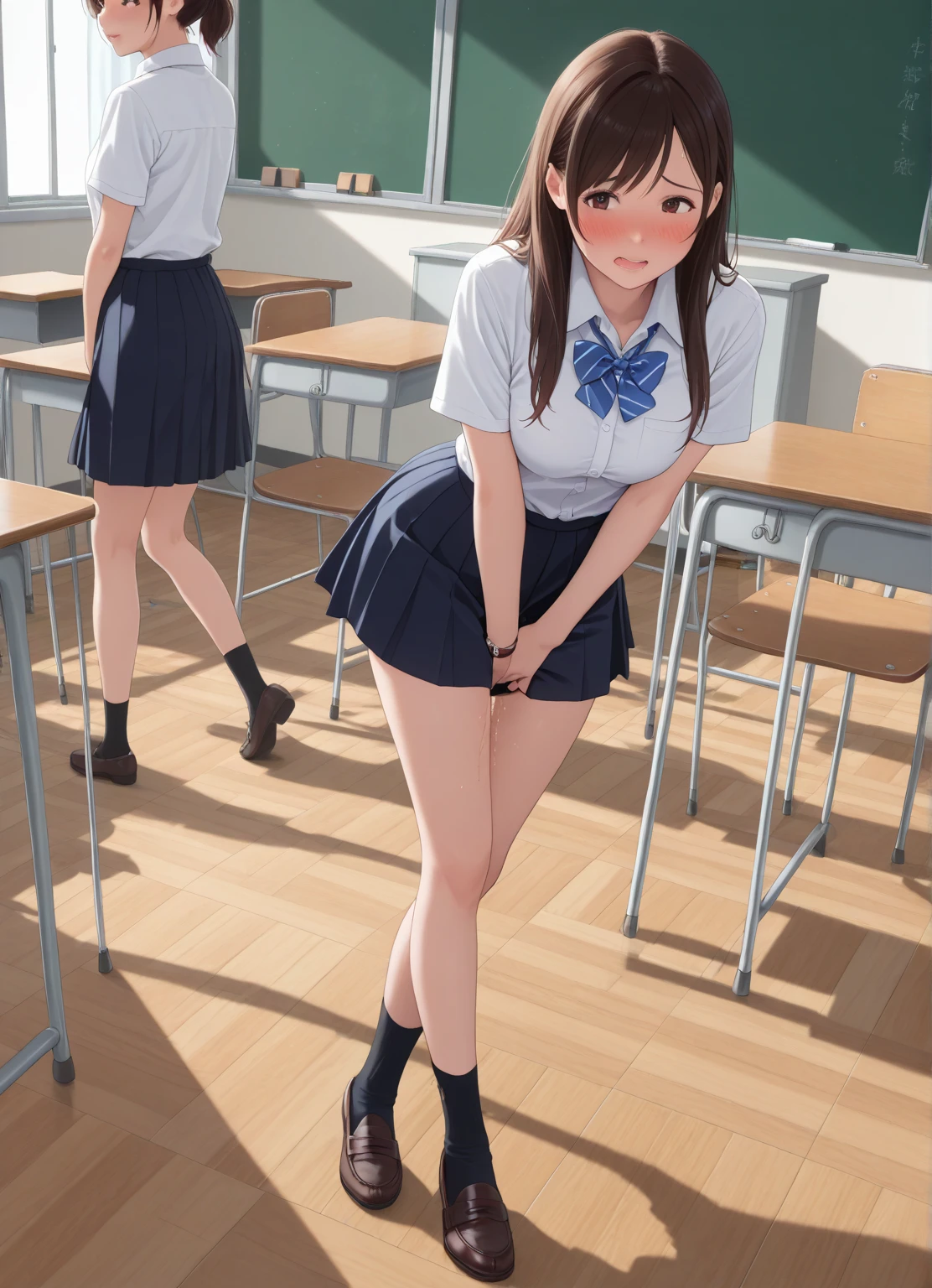 masterpiece, highest quality, High resolution,official style,white album 2,setsuna Ogiso,brown hair twintails,first person portrait,high school girl,blue plaid miniskirt,panty visible,With a wave of her hand, smile, (whole body, front,from below,Low - Angle,multiple views)loose socks, sneakers,sit on a train chair,