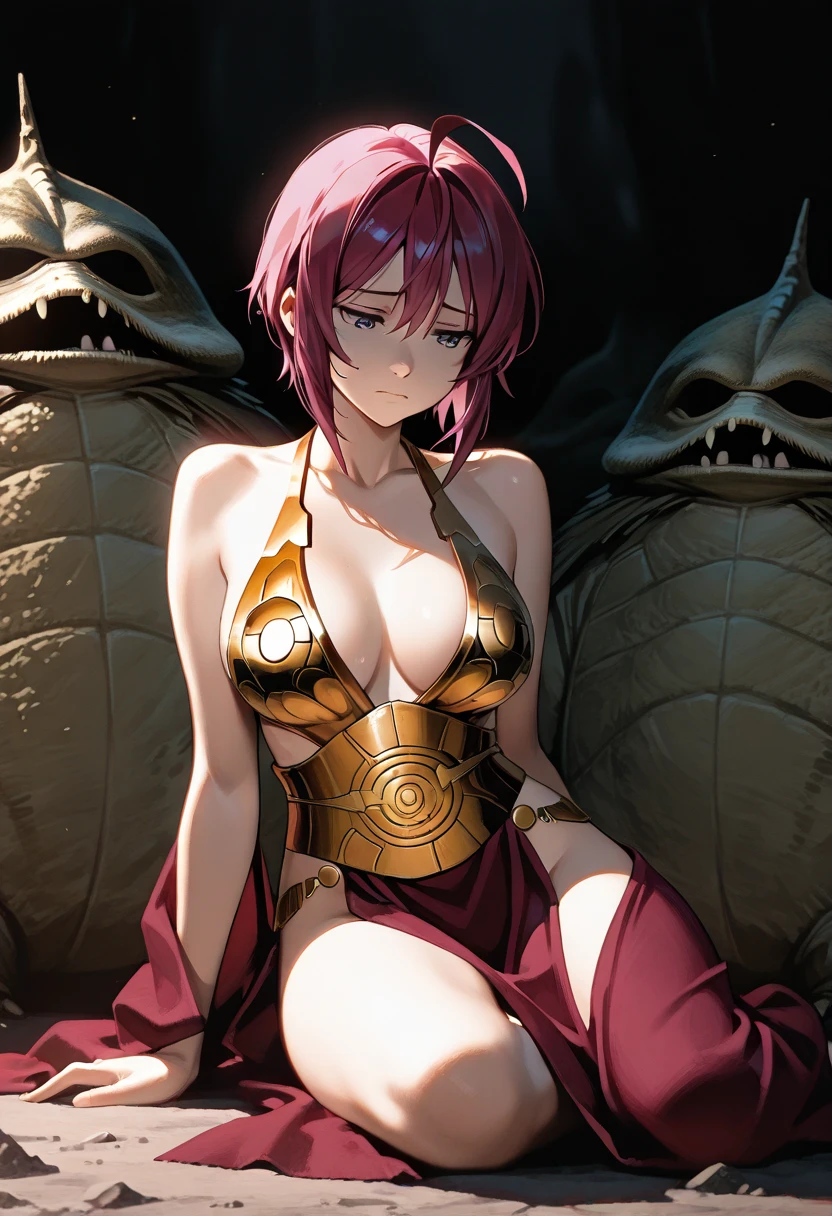 Taylor Swift (age 25) in the role of Princess Leia, trapped in Jabba's harem, wearing her iconic metal bikini slave outfit, sultry poses, chained to Jabba
