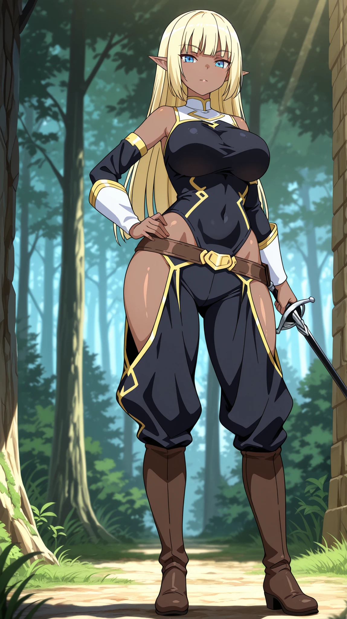 Highest quality, Highest quality, high quality illustrations, masterpiece, ultra high resolution, detailed background, is absurd, perfect anatomy, Performance, good lighting, (masterpiece) 1girl , dark elf girl , chocolate skin , wide hips , thick hips , blonde hair, long ears , blue eyes, straight hair and straight bangs , arrogant expression, shadows, forest , black Rapier, brown boots , Breeches pants