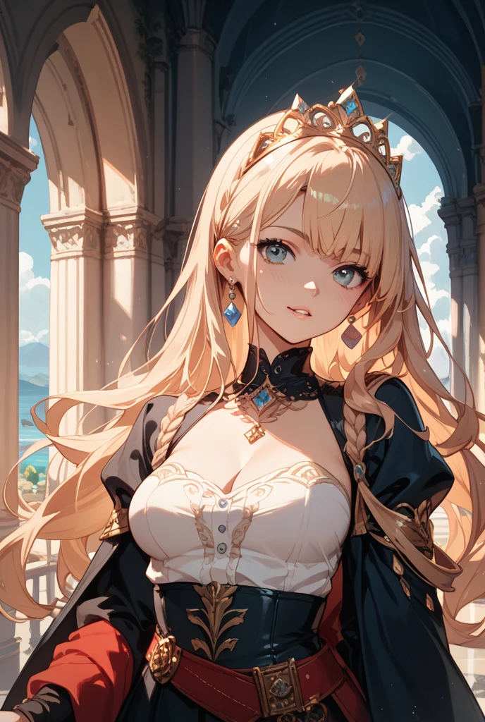 beautiful girl, blonde hair, watching gladiator, in colloseum, medieval times, detailed face, detailed nose, detailed eyes, full of expression, smile, happy, who was sitting in one of the grandstands among the front row seats. High pillars, which rose from the corners in the left and right, supported a roof that covered the stand, looking straight ahead as she put a finger to her plump and florid lips