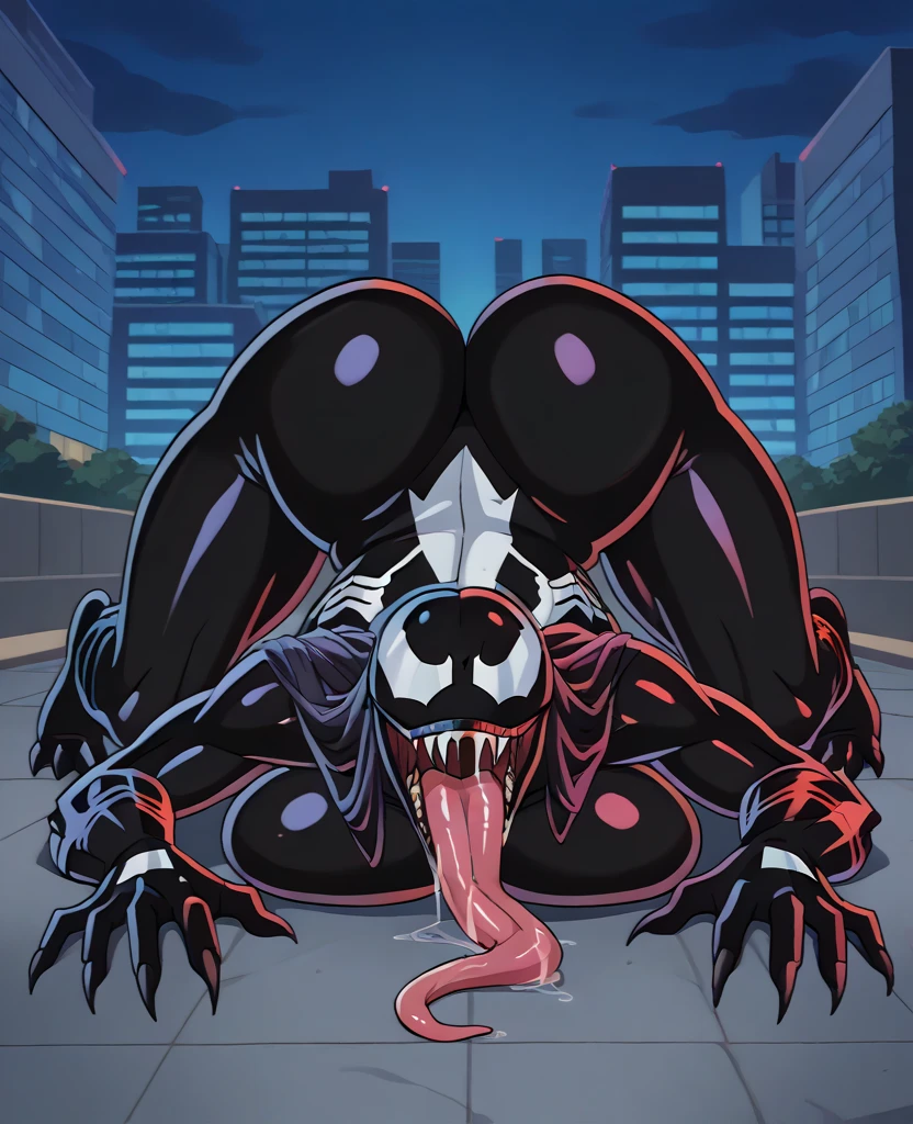 frontview of a male anthro (living inflatable) venom, looking at viewer, penis, balls, uncut, foreskin, spreading legs, sitting, paws, big paws, large paws, massive paws, hindpaws, humanoid feet, 4 toes, 4 big toes, 4 padded toes, plantigrate, feet, big feet, large feet, massive feet, smooth skin, latex skin, wrinkled skin, pawpads, padded soles, foot focus, big inflated paws, ((swollen feet)), big penis, large penis, big balls, large balls, nipples, erect nipples,